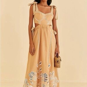 FARM Rio Tan Maxi Dress with White Embroidery